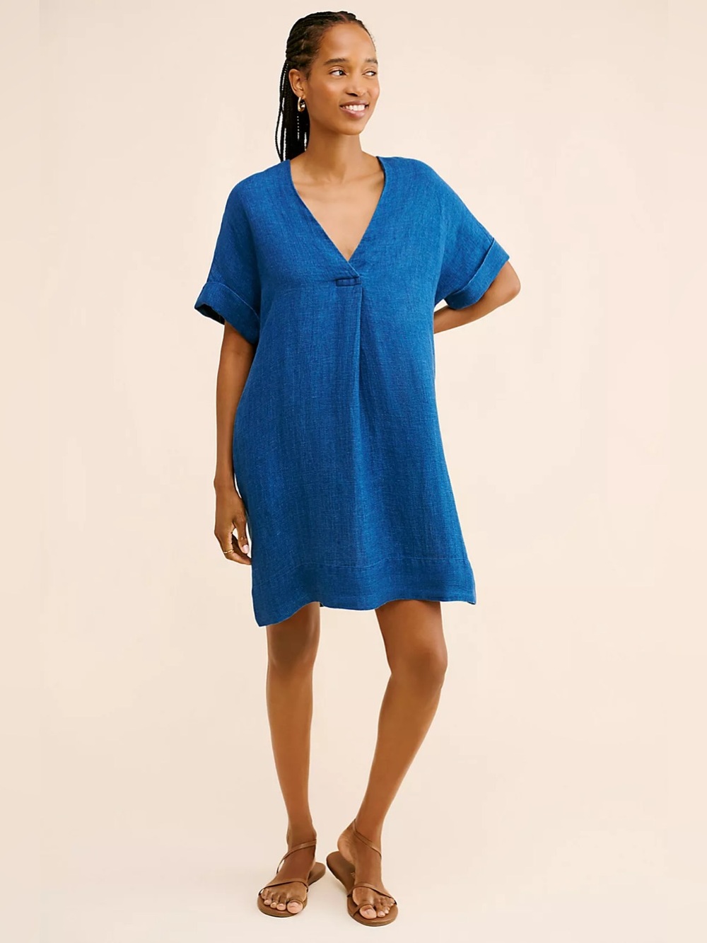 Faherty Linen Sanibel Dress V-Neck Short Sleeve Basketweave Blue Size XS